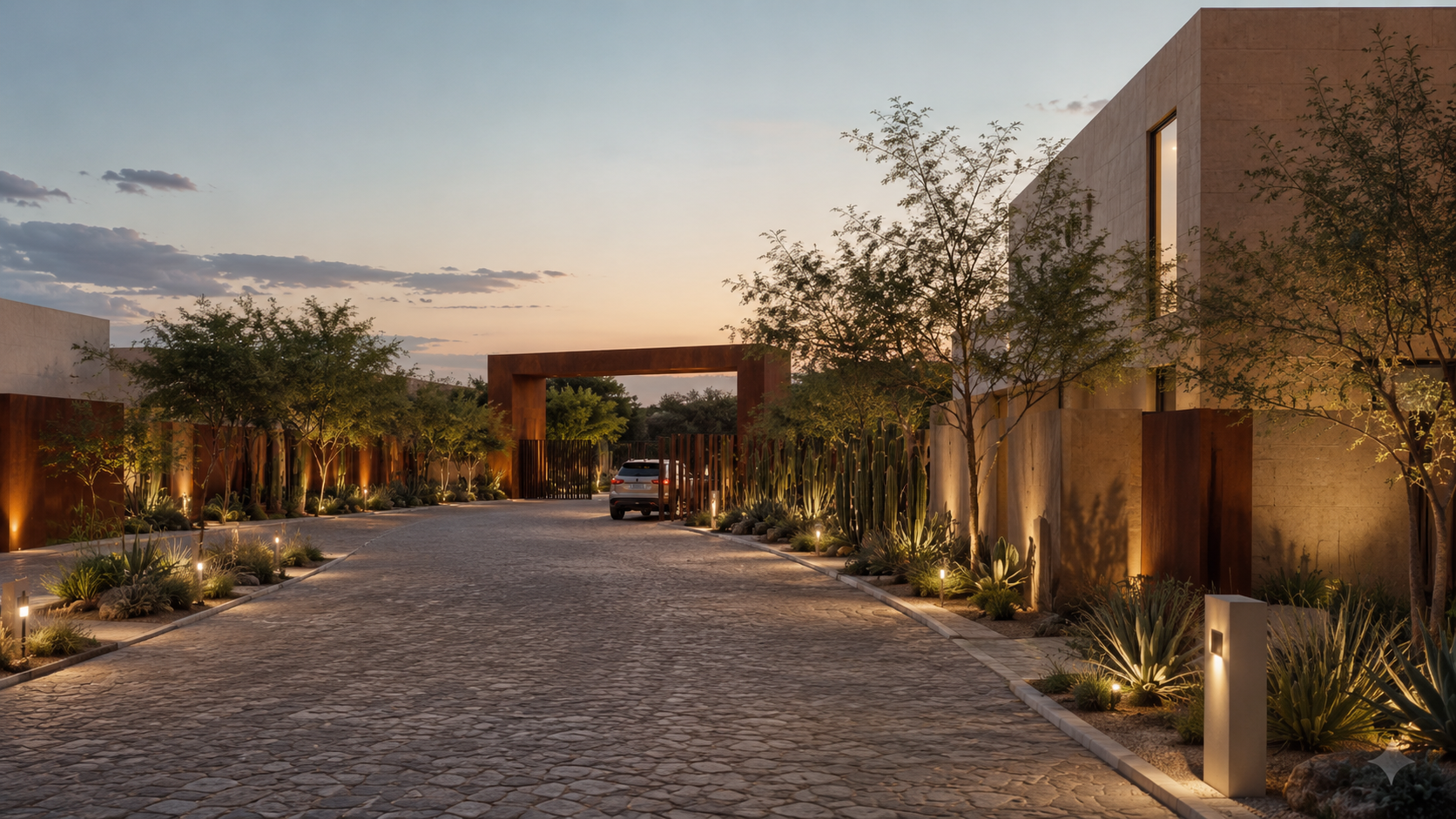 Vialidad principal y servicios del desarrollo TERRA : ZAPOTITLA al atardecer