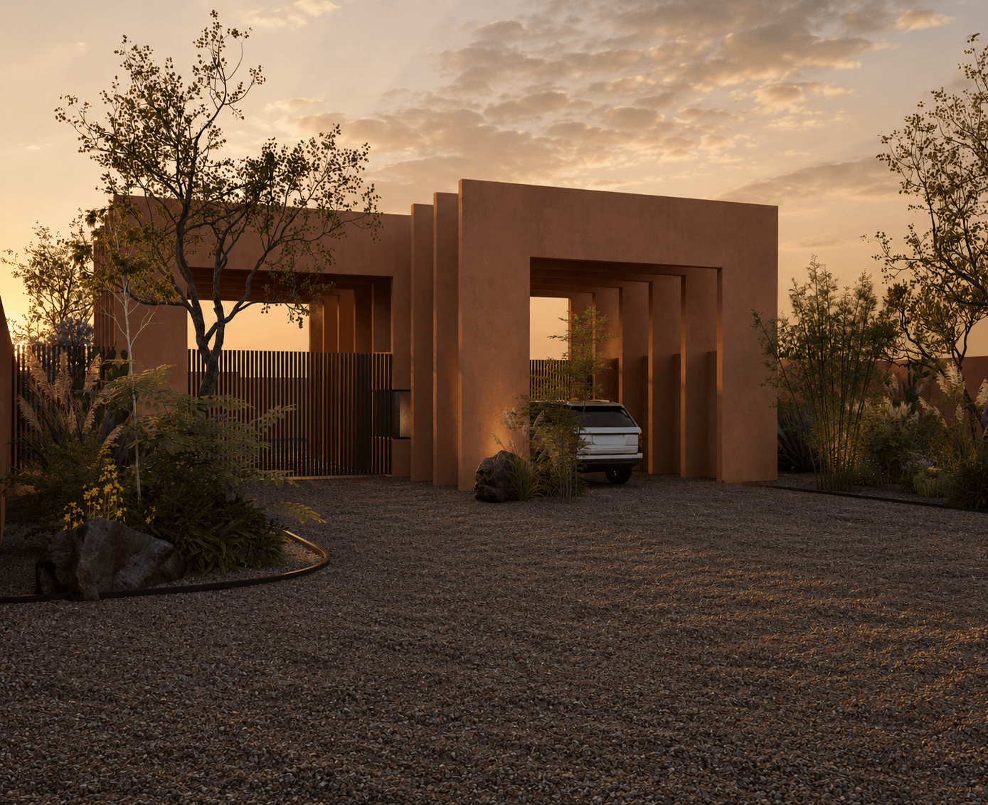 Render de pórtico arquitectónico de acceso