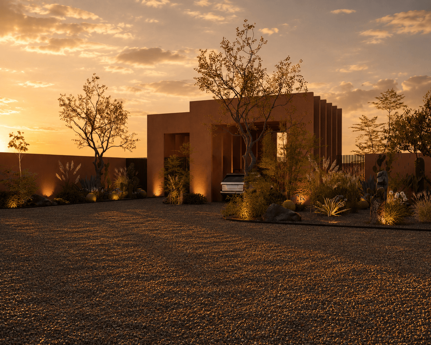 Render nocturno del acceso iluminado