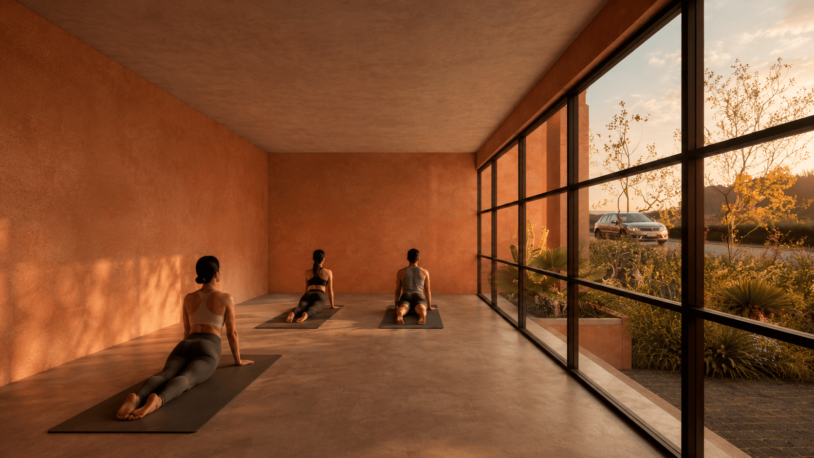 Salón de usos múltiples con clase de yoga